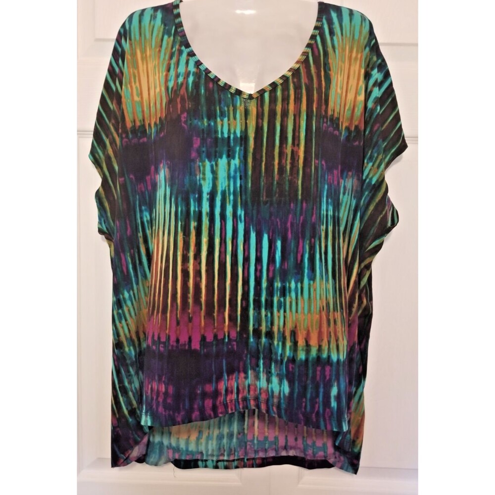 Worthington Woman Top Shirt Geometric Multicolor V-Neck  Hi-Lo Hem Size 1X